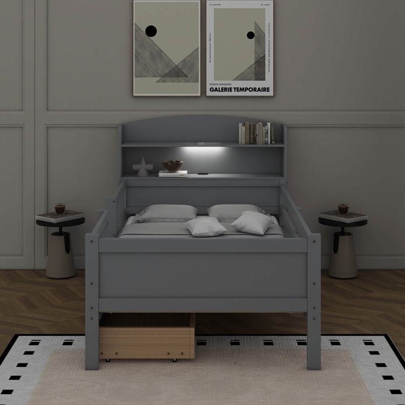 Lit simple avec lumière DEL, tête de lit multifonctionnelle et tiroirs, Gris