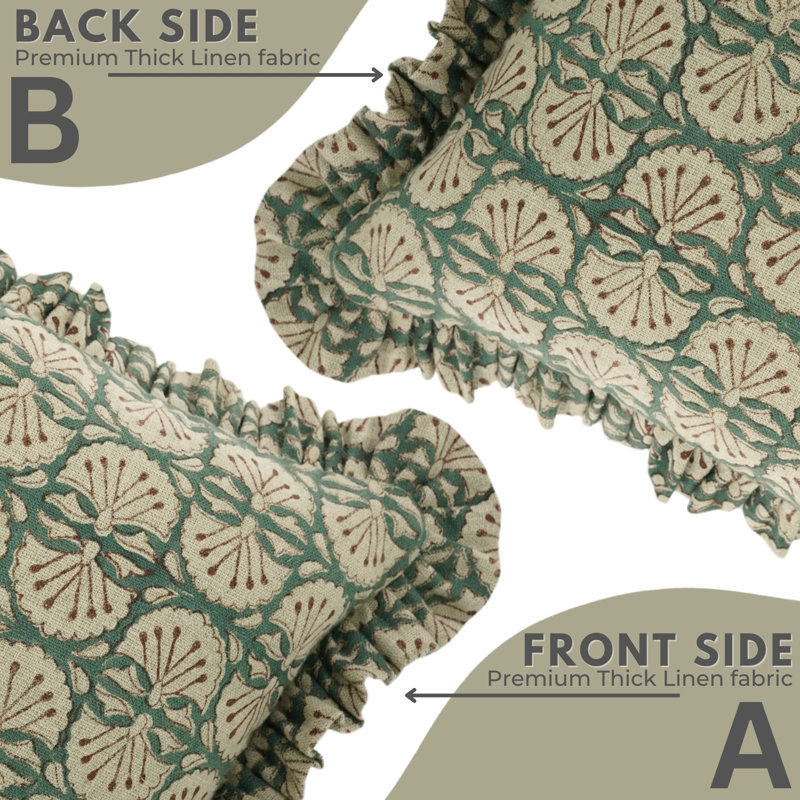 Fabdivine Handmade Frill Both Side Linen, Rust Block Print, Bejini, Green, Rectangle, 20"H x 12"W