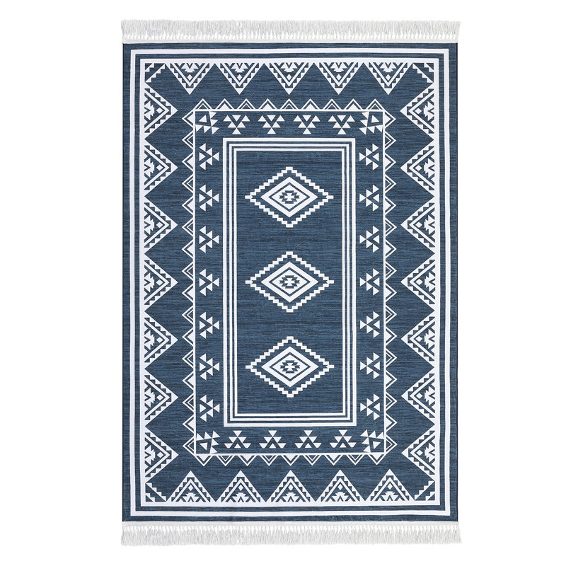 Tassel Area Rugs Washable Bordered Accent Carpet with Non-Slip Backing, Stain-Resistant Farmhouse Floor Cover, Soft Low Pile Indoor Mat for Bedroom, Living Room