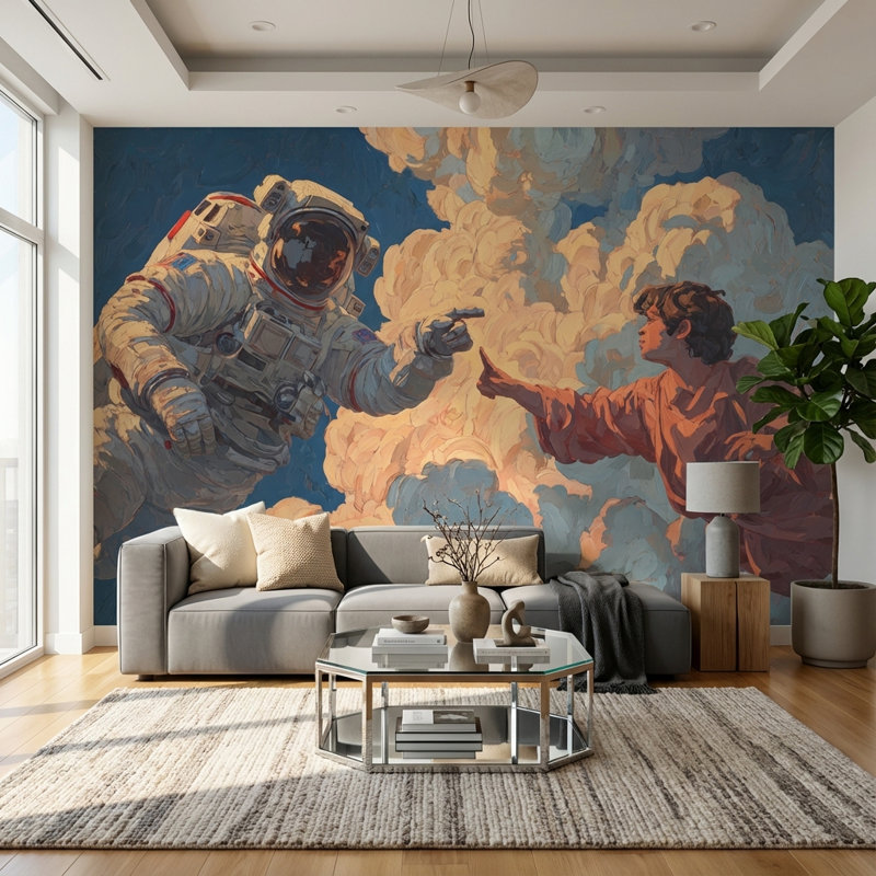 Décoration murale astronaute papier peint nuages moderne, 160 po x 108 po, Peler et coller