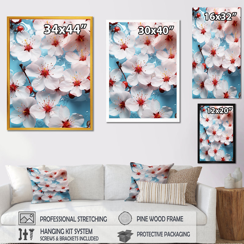 «White Cherry Blossoms Flow II», art mural cerisier en fleurs, Toile tendue, H 32 po x l 24 po x P 1 po