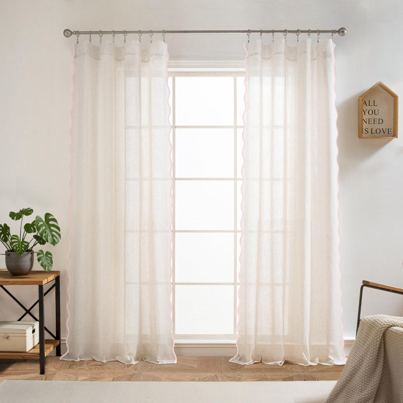 Semi Sheer Scalloped Edge White Coastal Beach Window Curtains for Living Room Bedroom 2 Panels Rod Pocket, 52" W x 84" L