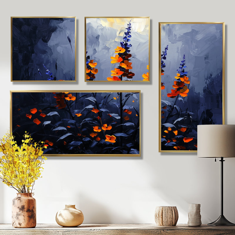 «Night Forest Plants In The Dark I», art mural floral 4 pièces, Impression encadrée sans passe-partout, Doré