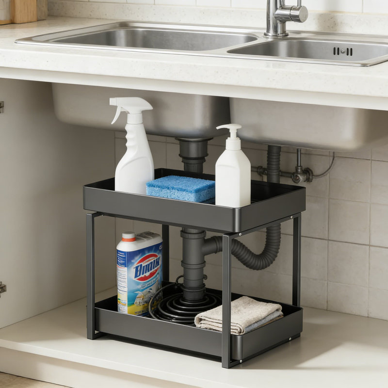 2-Tier Pull-Out Under Sink Organizer, Heavy-Duty Metal Cabinet Drawer Shelf For Bathroom And Kitchen Storage, Multi-Purpose Space Saving Solution