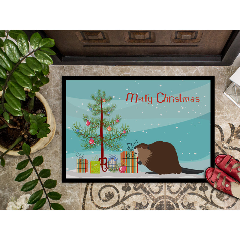 Tapis de porte pour l’extérieur antidérapant eurasian beaver christmas Diane, Rectangle 1 pi 6 po x 2 pi 3 po