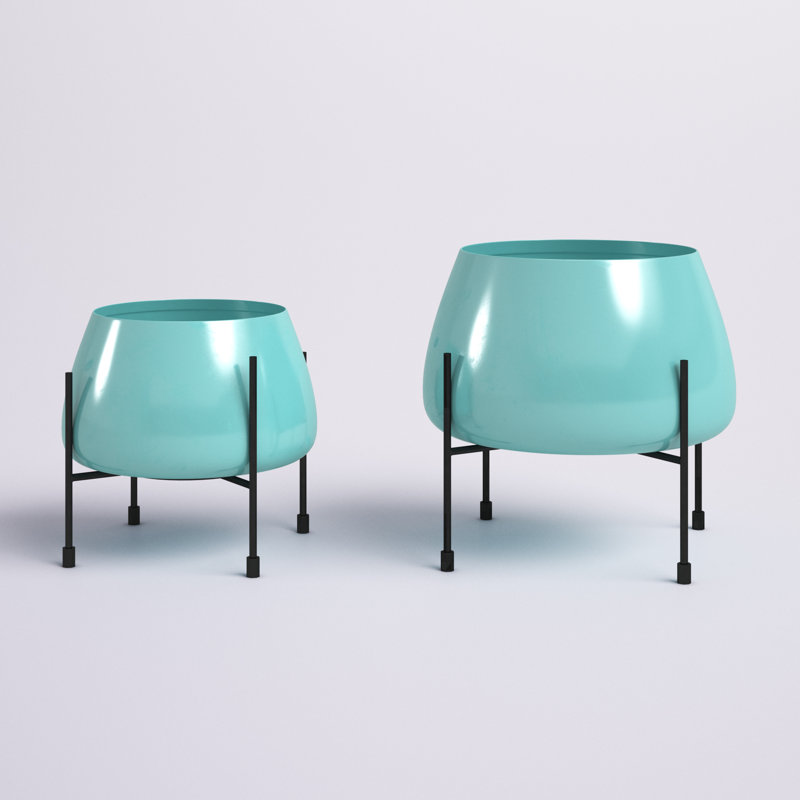 Keneen 2 Piece Metal Indoor Outdoor Planter with Removable Stand Set, Teal