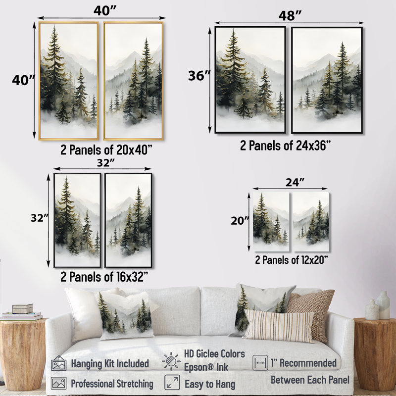 Green Pine Trees Mist Morning III - Tree Pine, grandes impressions sur toile, 2 pièces, Noir, 36" H x 48" W
