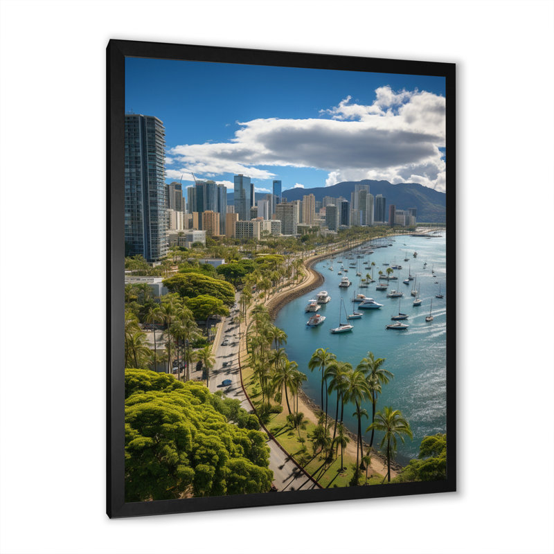 Vasbinder Honolulu Beautiful Cityscape Spot I, reproduction d'art sur toile, Cadre photo noir, H 32 po x l 16 po x P 1 po