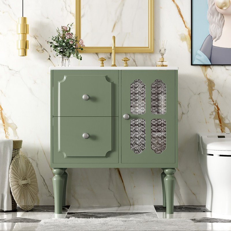 Green Solid Wood Freestanding Bathroom Vanity with Resin Sink