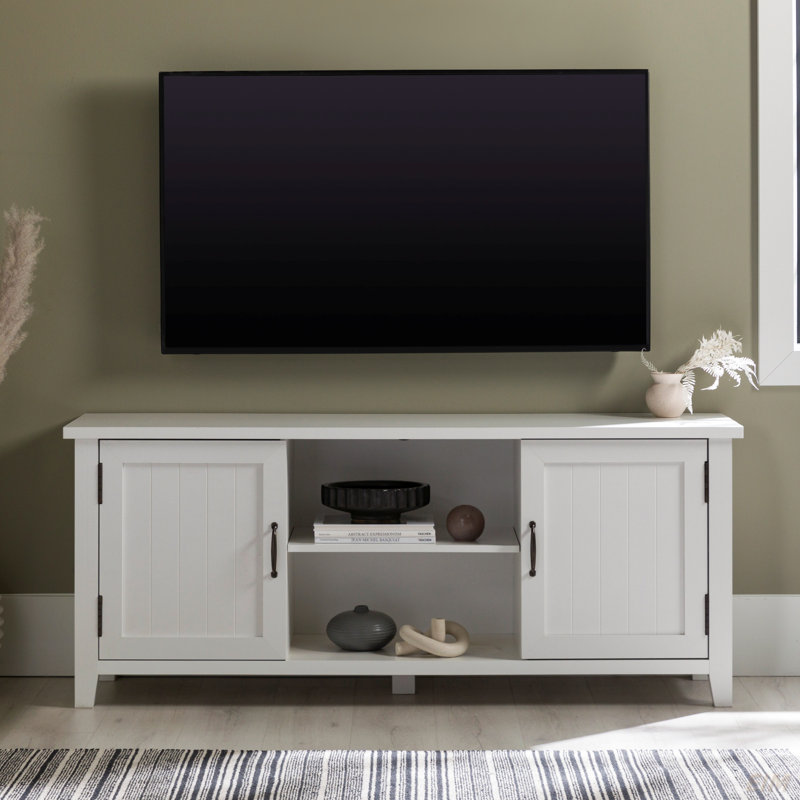 Meuble télé classique à porte rainurée pour téléviseur de 65 po ou moins (meuble télé), Blanc