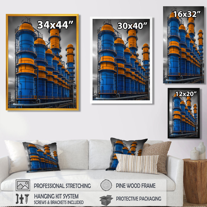 Art mural bleu et jaune de production - usines, Toile encadrée blanche avec une seule photo, H 40 po x l 30 po x P 1,5 po