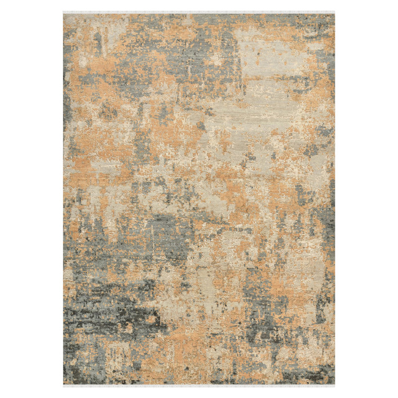 Hand-Knotted Blue and Orange Abstract Wool and Silk 9' x 12' Rug
