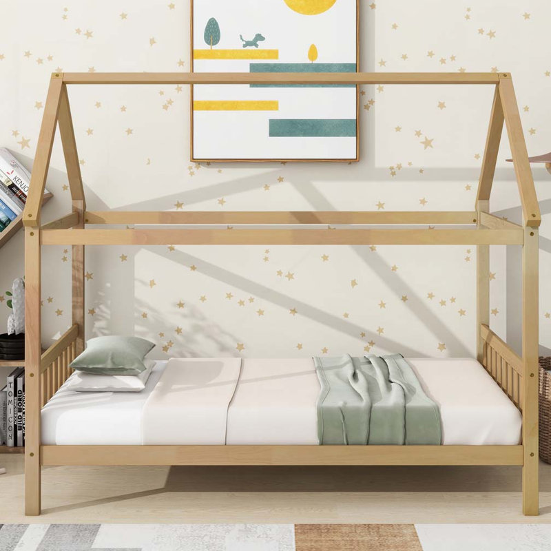 Lit simple avec tête et pied de lit, lit simple en bois d'hévéa avec cadre de maison, chêne blanc, Chêne blanc