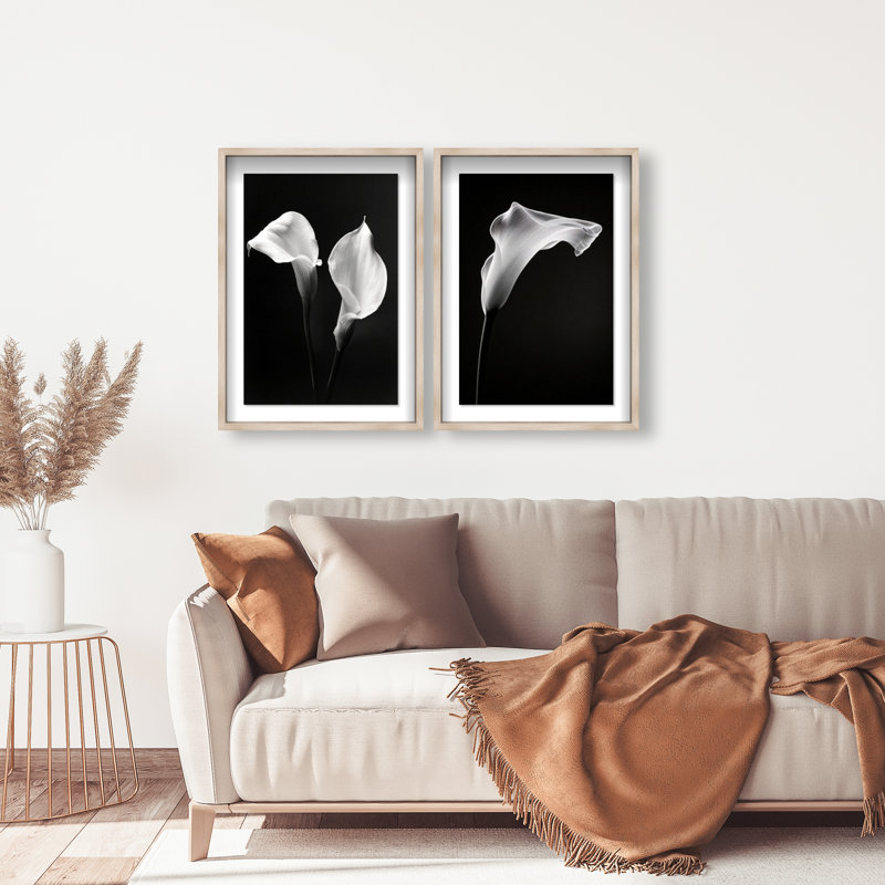 Calla Lily Set Shadowbox Floral & Botanical Print by Oliver Gal, Black Frame, 10 x 15, Natural Oak Shadowbox, 21"H x 31"W