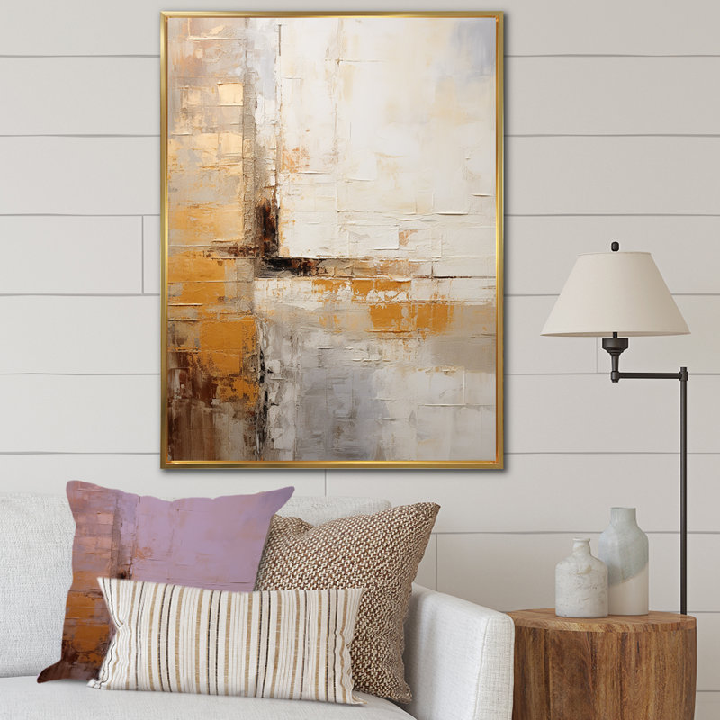 «Beige And Gold Minimal Expression III - Abstract Collages», reproduction d'art, Cadre flottant doré, H 44 po x l 34 po