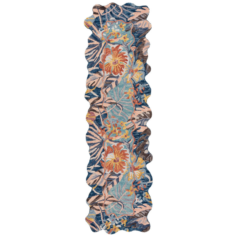 Carachure 355 Hand Tufted Wool/Cotton Floral Rug in Navy/Turquoise, Runner 2'3" x 8'
