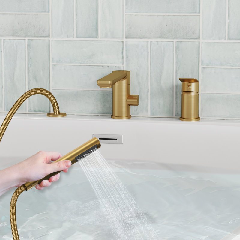 Single Handle Deck Mount Romand Tub Filler Faucet with Hand Shower, Brushed Gold