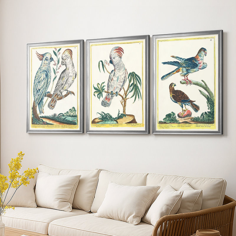 «Pastel Birds I» - Toile tendue avec châssis sur mesure - 3 pièces, H 19 po x l 27 po, Argent argent