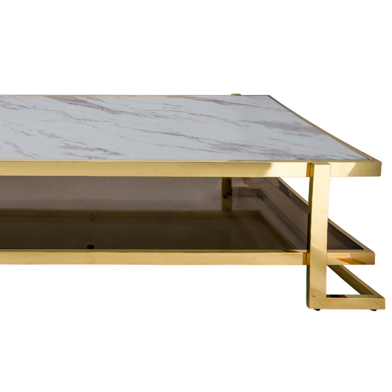 Modern Metal and Glass Coffee Table Marble Look, Gold