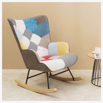 Chaise berçante, chaise berçante en tissu Mid-Century avec pieds en bois