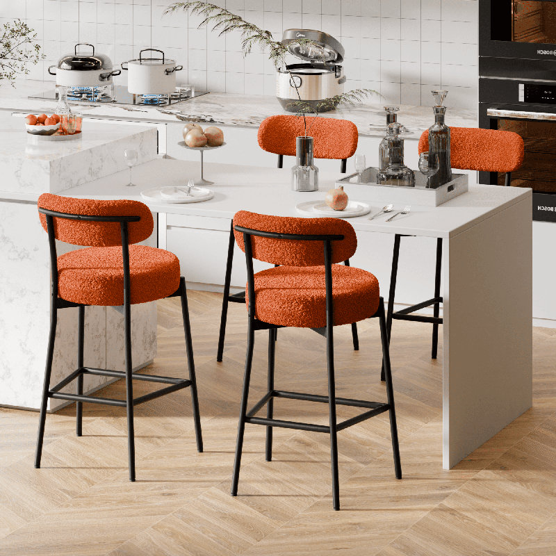 Sherpa Counter Height Bar Stools Set of 4 Modern Upholstered Barstools with Curved Open Back/Round Seat Boucle Comfortable Bar Chairs for Kitchen Island, 24.6 Inch