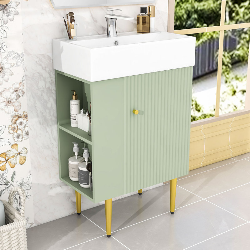 Meuble-lavabo simple autoportant moderne avec plateau en céramique, porte à fermeture en douceur et grand rangement Jarrow