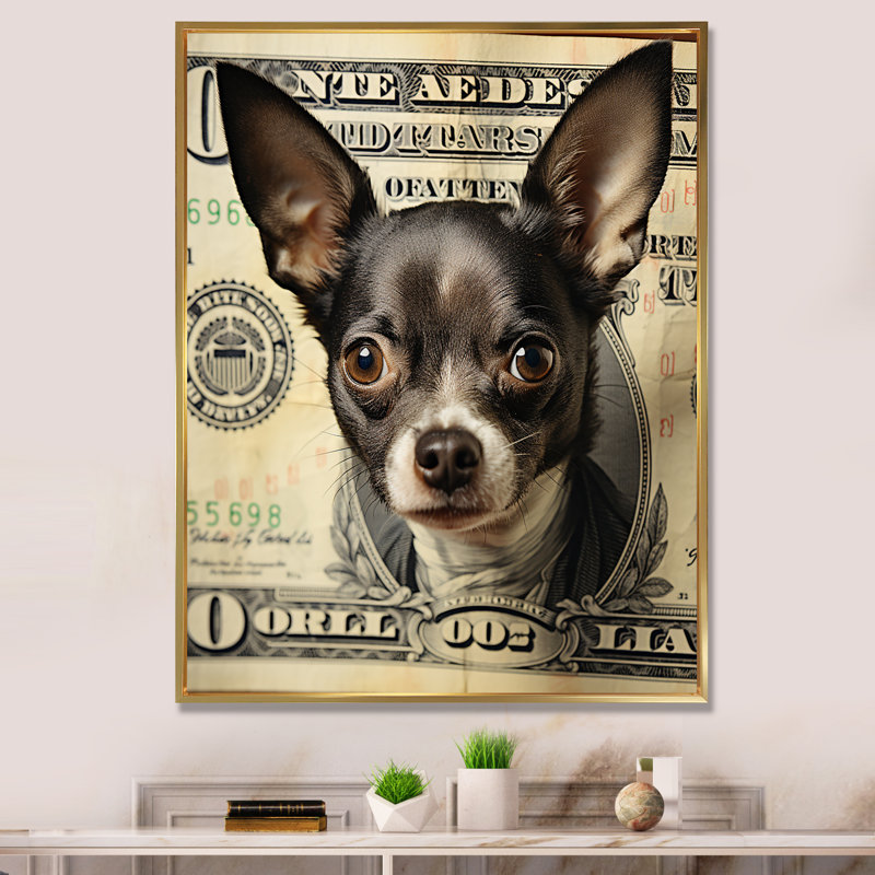 «Little Dog on Dollar Bill» - Impression, H 40 po x l 30 po x P 1,5 po, Cadre flottant doré