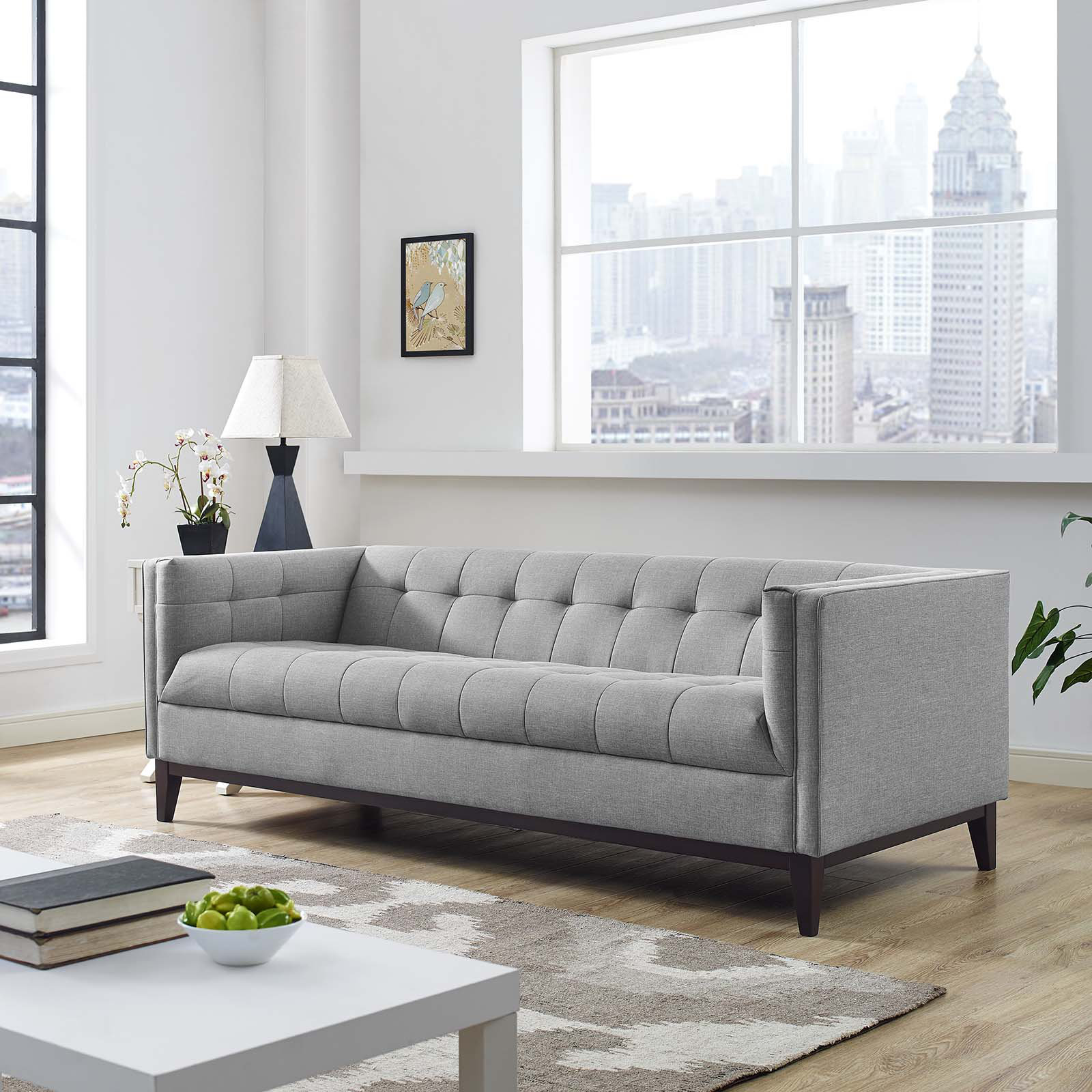 85.4 Modern Nappa Leather Upholstered Sofa 3-Seater Sofa Pillow