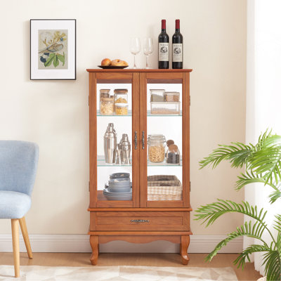 Vitrine éclairée vitrine vitrée en verre avec tablettes réglables en verre Deux portes et un tiroir ampoule incluse pour la décoration intérieure et le rangement