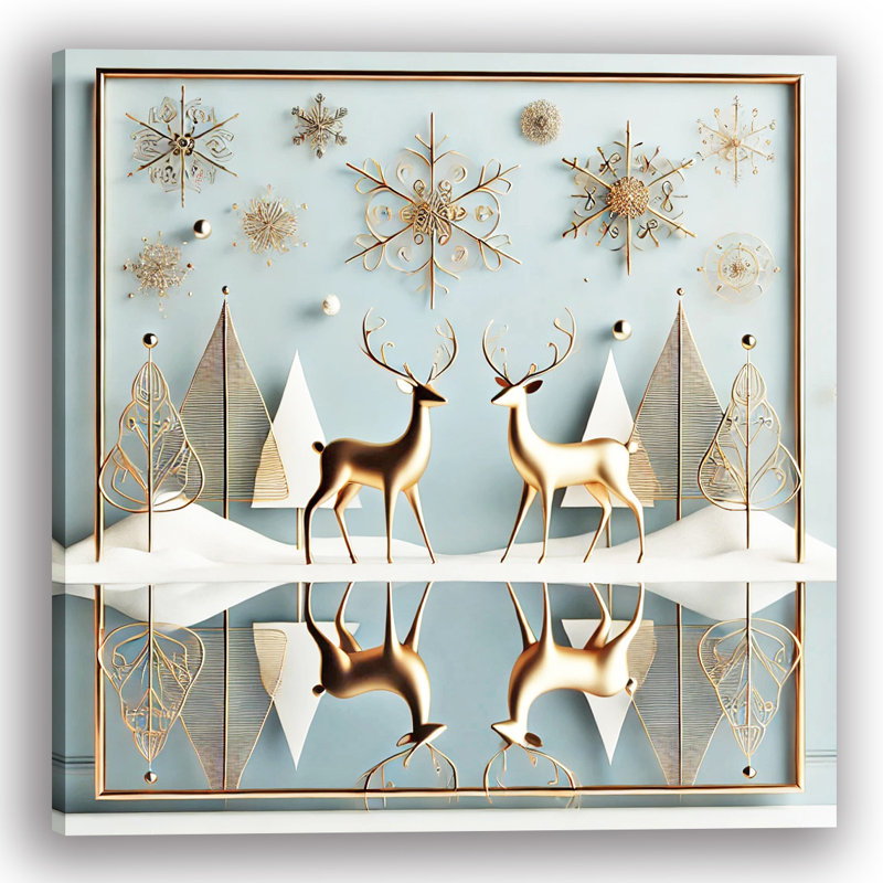 «Golden Deer Reflections in Winter Elegance», art mural sur toile tendue, H 30 po x l 30 po x P 1,5 po