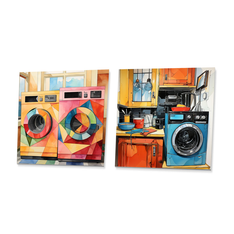 «Wash Machines Laundry Day I» - Ensemble de 2 impressions murales en métal, H 23 po x l 46 po