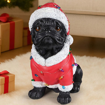 Statue festive de Noël carlin avec tenue de père Noël (pile incluse)