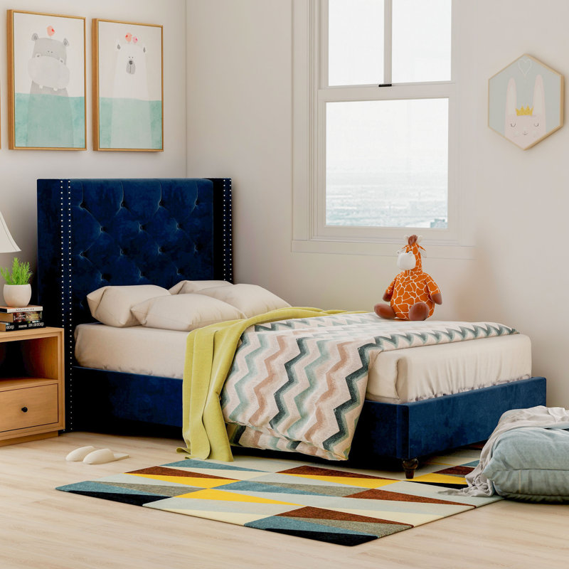 Cecilia Upholstered Wingback Bed, Full, Dark Navy