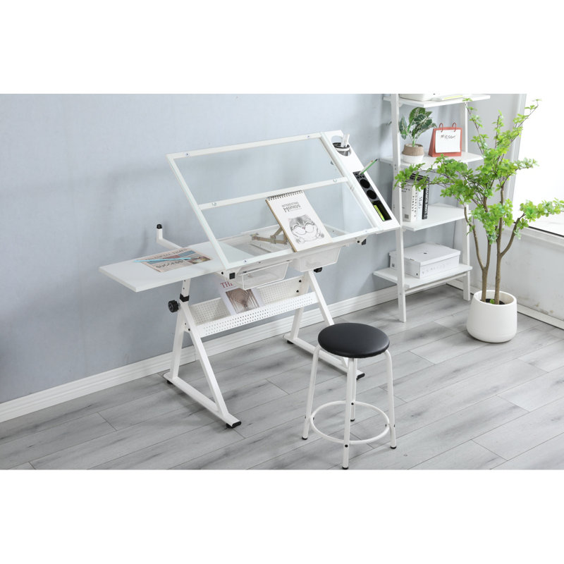 Adjustable Tempered Glass Drafting Printing Table With Chair, White