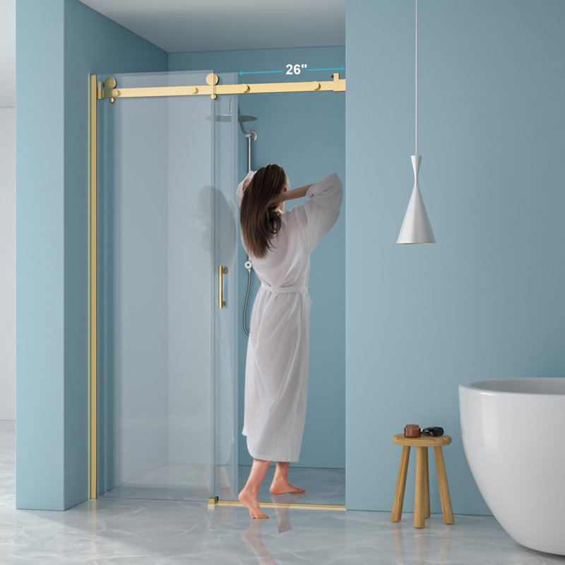 Porte de douche coulissante simple l 48 po x H 76 po - Verre trempé de 8 mm avec cadre en acier inoxydable 304, Doré