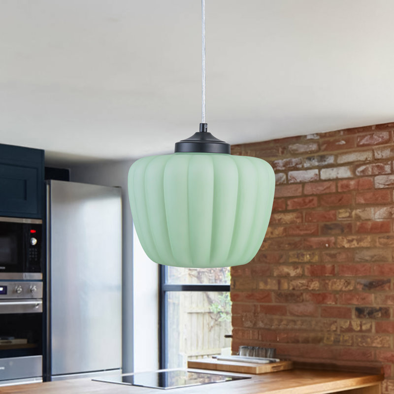 Luminaire suspendu vert en verre rayé, Green, Black/White