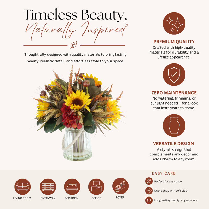 Sunflower, Hydrangea and Pomegranate Fall Arrangement in a Glass Vase