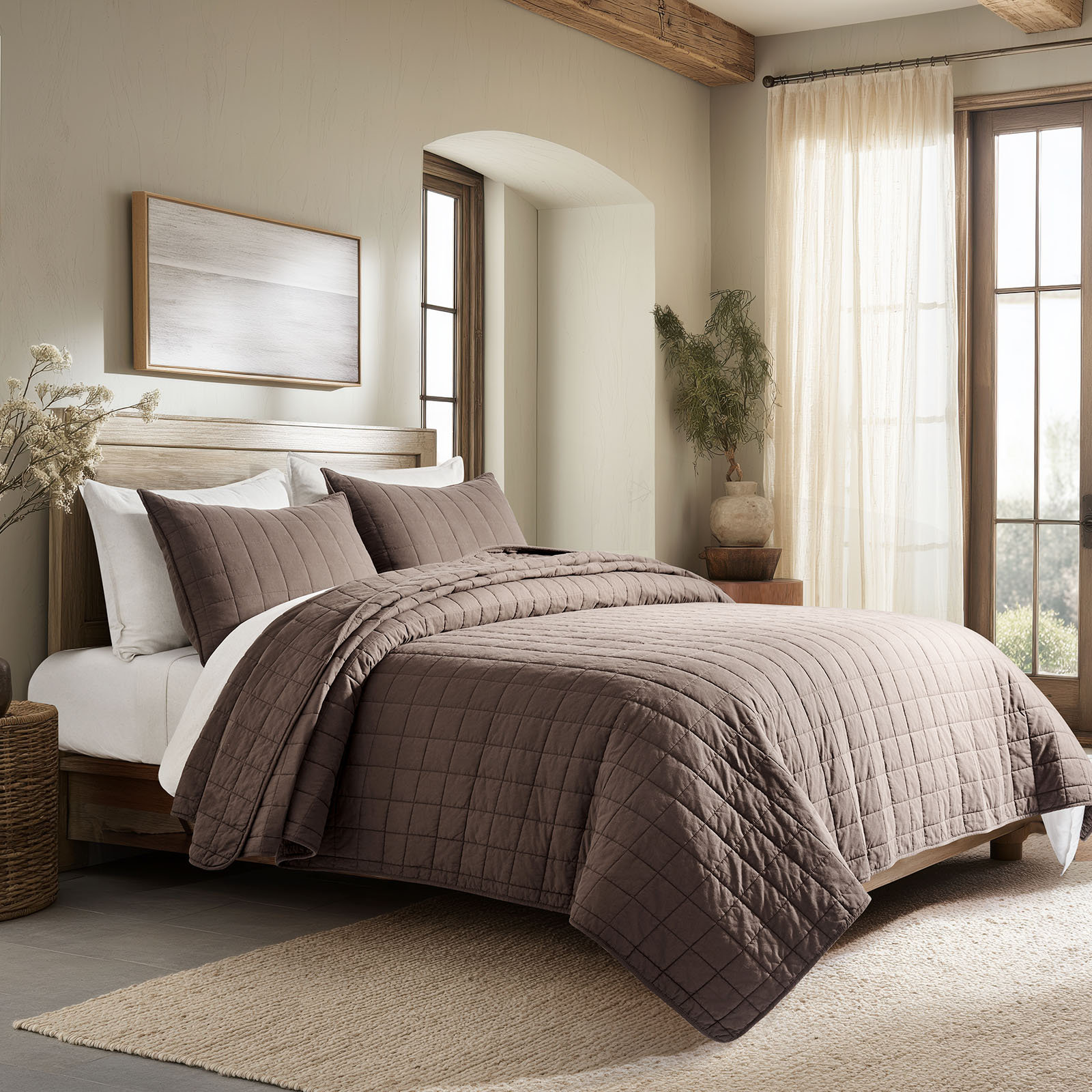 Cotton Quilt Set, Queen Quilt + 2 Queen Shams, Cocoa Brown