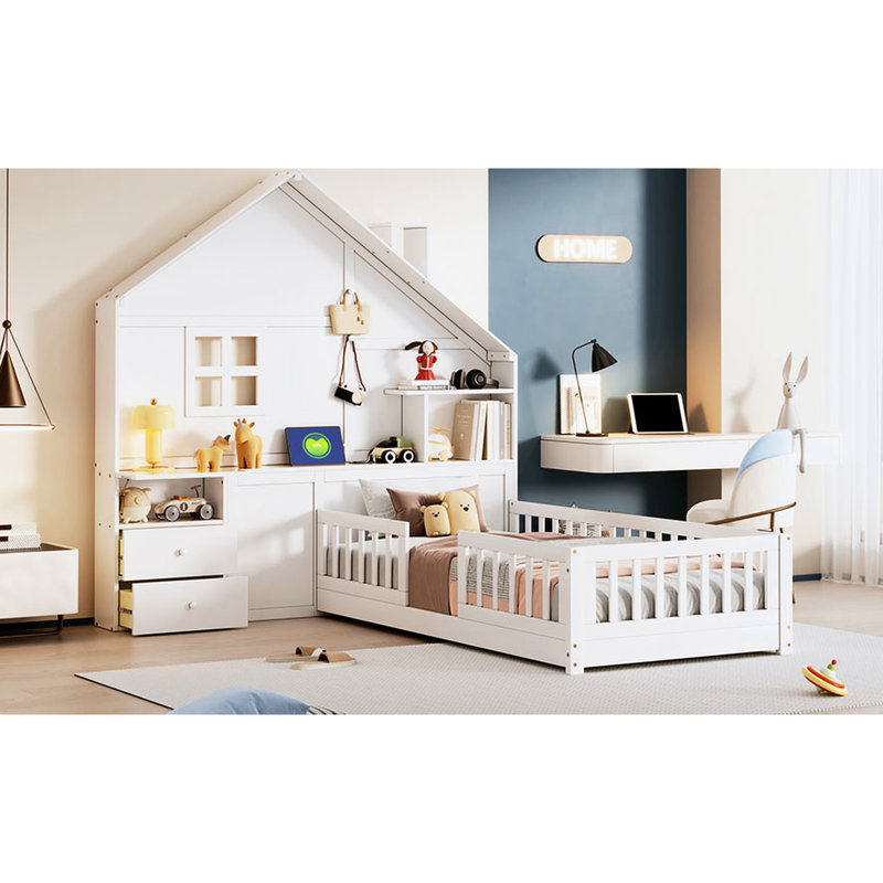 Lit simple en blanc avec fenêtre, tiroirs, douilles et support
