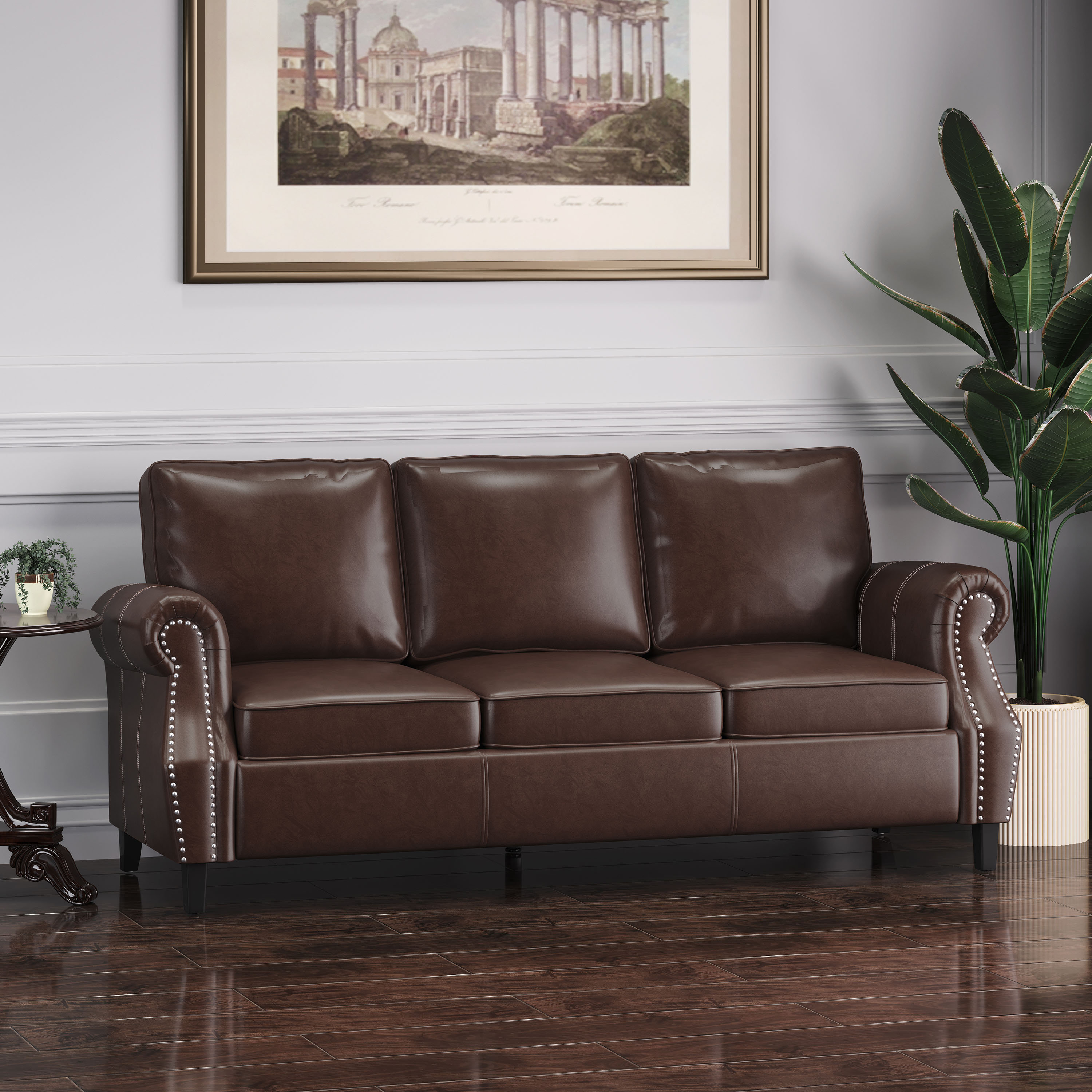 Caley Faux Leather 3 Seater Sofa with Nailhead Trim NFusion Upholstery Color: Brown Faux Leather