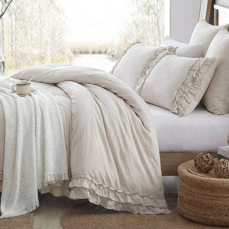 Ensemble de literie à housse de couette à volants et à volants, Beige, Housse de couette très grand et 2 taies d'oreille