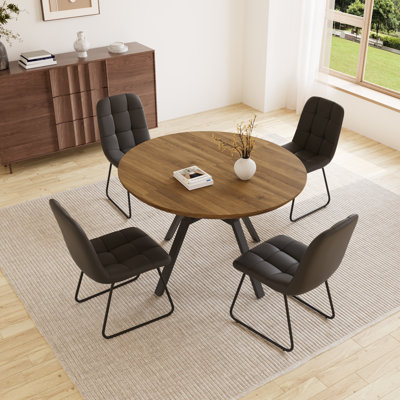 Clanton 43.2"-59.1" Extendable Round Dining Table Set, Mid Century Wooden Round Kitchen Table, Walnut Coffee Table For 4-6 Person,Pu Leather Chair