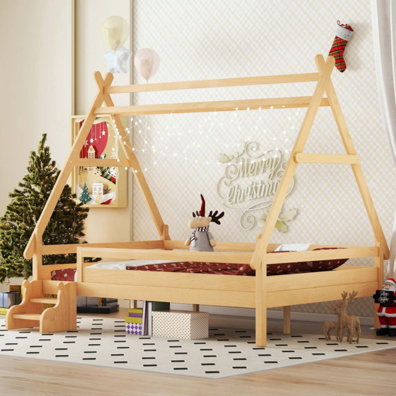 House Platform Bed With Stairs, Solid Wood Bed Frame, Low Profile And Childlike Fun Design, Natural, Full