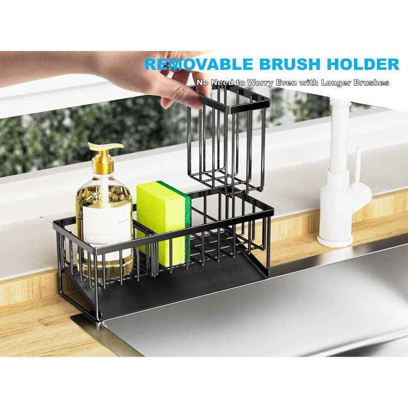 Porte-évier de cuisine en acier inoxydable avec porte-brosse amovible, organisateur d'éponge et d'épurateur, distributeur de savon et support à brosse haute pour le comptoir ou le rangement de la salle de bain