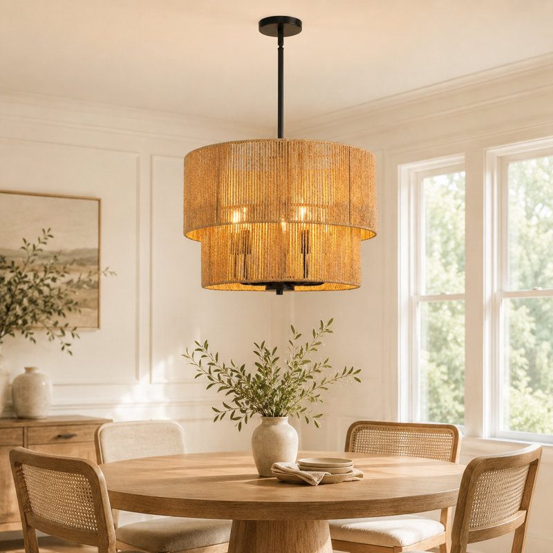  5 - Light 18in Boho Hand-Woven Drum Chandelier, Matte Black