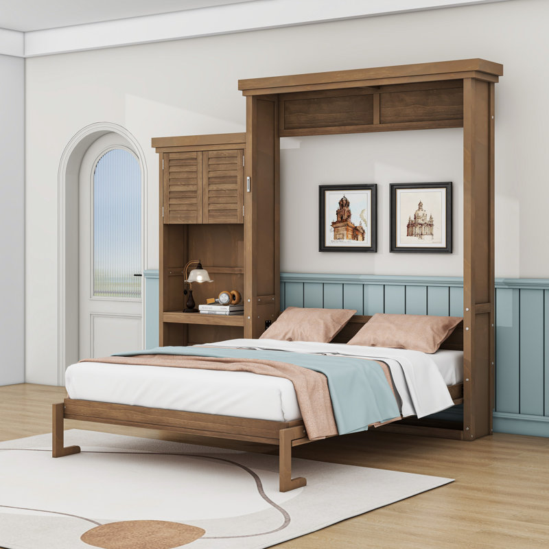 Grand lit escamotable en bois avec tablettes, conception classique à persiennes, Bois