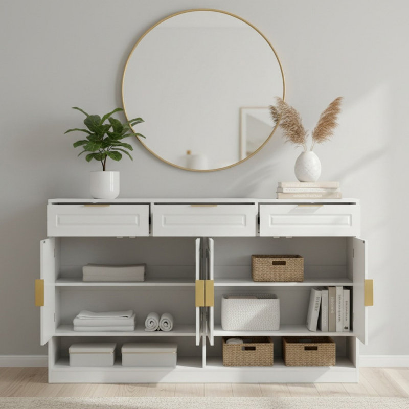 Farmhouse Sideboard with 3 Drawers, 59.11" Multi-Functional Storage Buffet with Adjustable Shelf, Suitable for Dining Room, Living Room
