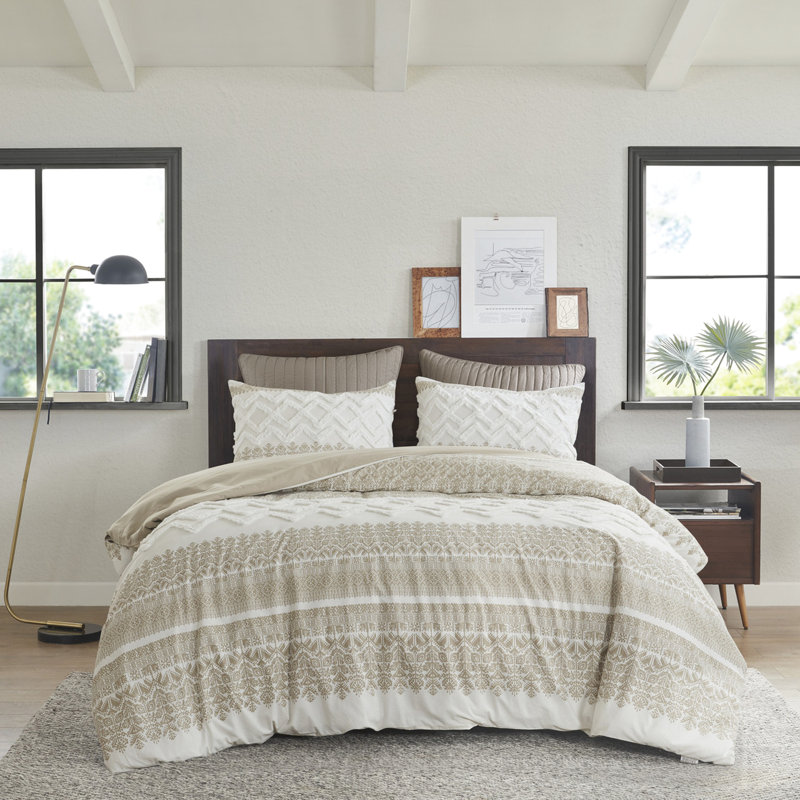 Housse de couette en coton double / grand, chenille, sensation romantique, imprimé, réversible taupe, fermeture à boutons, lavable à la machine 3 pièces double / grand, capitonnage, style naturel, design, revers, literie
