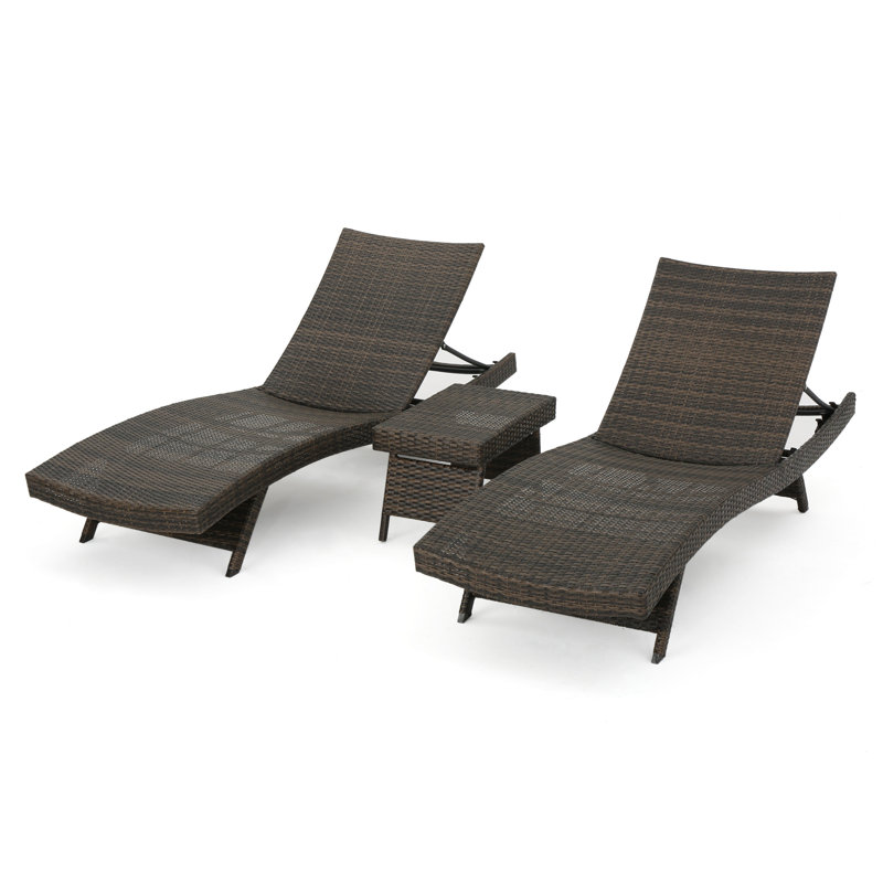 East Village Outdoor Wicker Chaise Lounge Set with Table, Mix Mocha