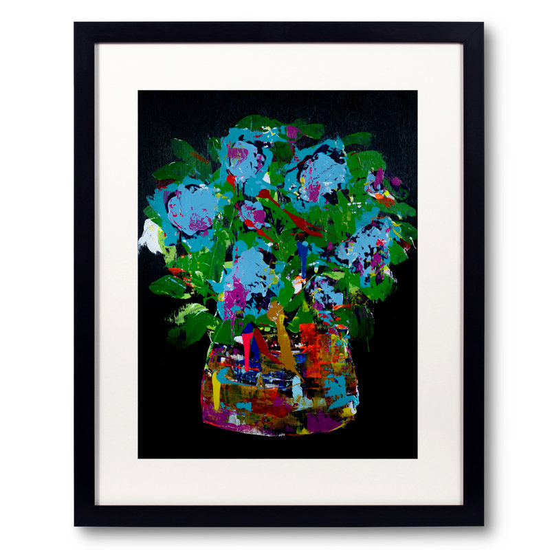 Fleurs sur fond noir par Jphono 1, Papier avec cadre noir, Blanc, H 32 po x l 24 po